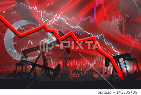 Crude crisis with Turkish flag on financial graph. Fall oil price with flag of Turkey on economic chart 141535439