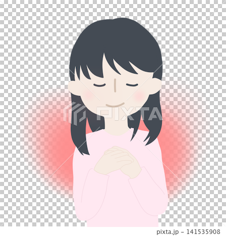 A woman with her hands clasped in front of her chest, eyes closed, and smiling (exuding a warm light/aura) A woman with her hands clasped in front of her chest, eyes closed, and smiling (exuding a warm light/aura) 141535908