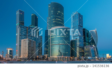 Moscow City skyscrapers in winter day to night timelapse. 141536136