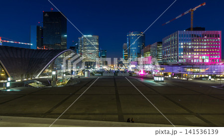 The stunning Defence Parisian business district bristling with skyscrapers day to night timelapse. 141536139