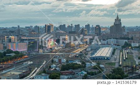 Panoramic view to Kiev Railway Station night to day timelapse and modern city in Moscow, Russia Panoramic view to Kiev Railway Station night to day timelapse and modern city in Moscow, Russia 141536179