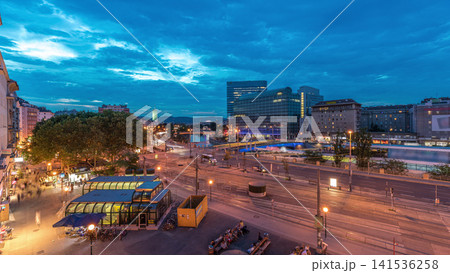 The Schwedenplatz is a square in central Vienna, located at the Danube Canal aerial day to night timelapse The Schwedenplatz is a square in central Vienna, located at the Danube Canal aerial day to night timelapse 141536258