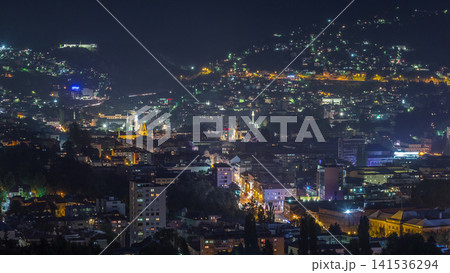 Aerial view of the historic part of Sarajevo city day to night timelapse. Aerial view of the historic part of Sarajevo city day to night timelapse. 141536294