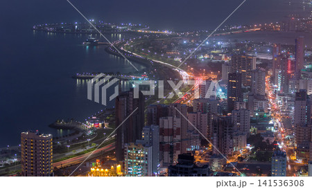 Skyline with Skyscrapers day to night timelapse in Kuwait City downtown illuminated at dusk. Kuwait City, Middle East Skyline with Skyscrapers day to night timelapse in Kuwait City downtown illuminated at dusk. Kuwait City, Middle East 141536308