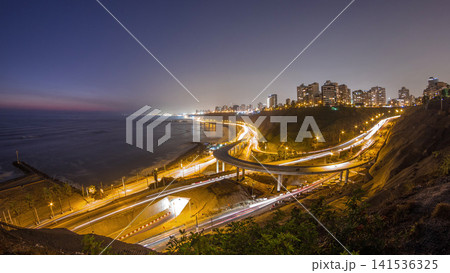 Aerial view of Lima's Coastline in the neighborhood of Miraflores day to night timelapse, Lima, Peru 141536325