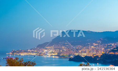 Cityscape of Monte Carlo day to night timelapse, Monaco after summer sunset. Cityscape of Monte Carlo day to night timelapse, Monaco after summer sunset. 141536364