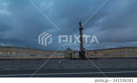 Palace Square night lights view of Alexander Column night to day timelapse hyperlapse in St. Petersburg, Russia. Palace Square night lights view of Alexander Column night to day timelapse hyperlapse in St. Petersburg, Russia. 141536381