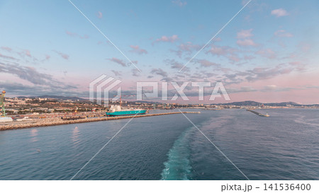 Aerial view of sea with waves and port from ship sailing in the open sea timelapse Aerial view of sea with waves and port from ship sailing in the open sea timelapse 141536400