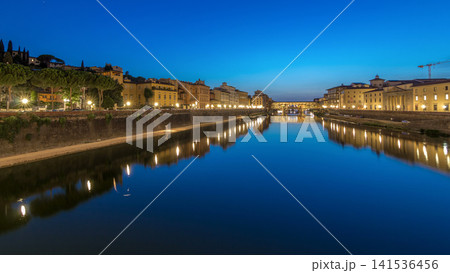 River Arno and famous bridge Ponte Vecchio day to night timelapse after sunset in Florence, Tuscany, Italy River Arno and famous bridge Ponte Vecchio day to night timelapse after sunset in Florence, Tuscany, Italy 141536456