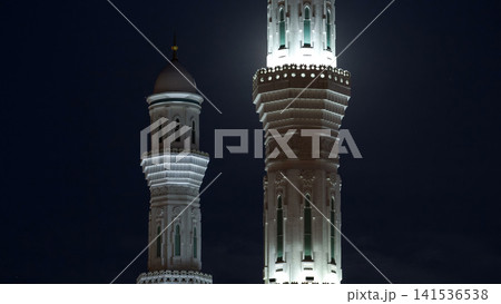 Minarets of The Hazrat Sultan Mosque in Astana timelapse at night with full moon, Kazakhstan Minarets of The Hazrat Sultan Mosque in Astana timelapse at night with full moon, Kazakhstan 141536538