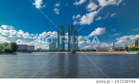 Astana, Kazakhstan. View from Pleasure boat on the river Ishim timelapse hyperlapse drivelapse in Astana. Astana, Kazakhstan. View from Pleasure boat on the river Ishim timelapse hyperlapse drivelapse in Astana. 141536544