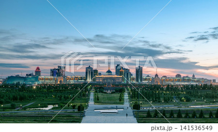 Panorama of the Astana city day to night timelapse and the president's residence Akorda with park Panorama of the Astana city day to night timelapse and the president's residence Akorda with park 141536549