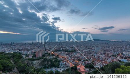 Panorama of Barcelona night to day timelapse, Spain, viewed from the Bunkers of Carmel Panorama of Barcelona night to day timelapse, Spain, viewed from the Bunkers of Carmel 141536553