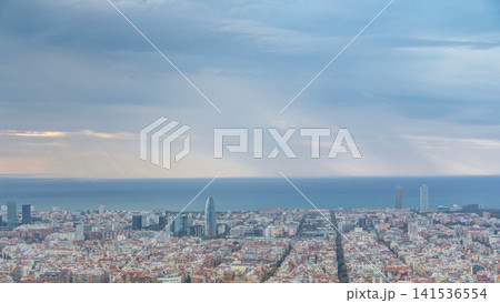 Panorama of Barcelona timelapse, Spain, viewed from the Bunkers of Carmel 141536554