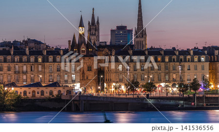 Panoramic view of Bordeaux city skyline day to night transition timelapse. France 141536556