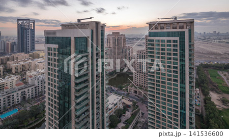 Greens district aerial view from top night to day timelapse. 141536600