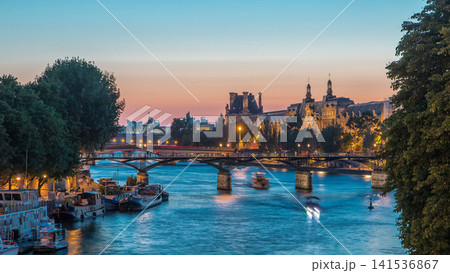 View to Pont des Arts in Paris after sunset day to night timelapse, France 141536867