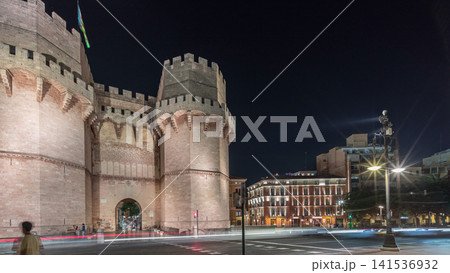 Serrans Towers panorama or Torres de Serranos night timelapse in Valencia, Spain. Serrans Towers panorama or Torres de Serranos night timelapse in Valencia, Spain. 141536932