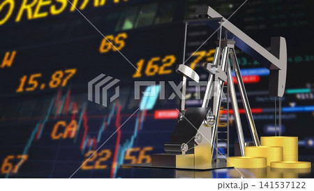 Oil Pump Jack and Golden Coins in Global Energy Market 3d render. Oil Pump Jack and Golden Coins in Global Energy Market 3d render. 141537122