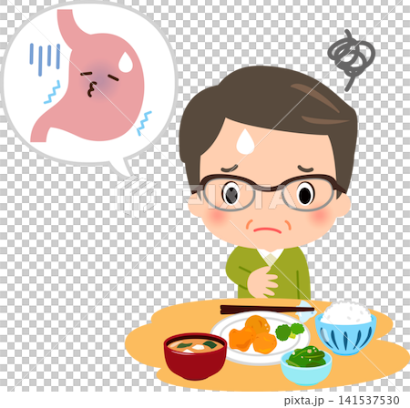 A middle-aged man is hesitant to eat because he has an upset stomach. A middle-aged man is hesitant to eat because he has an upset stomach. 141537530