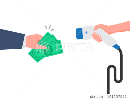 hand holding money paying for electric vehicle charging plug station hand holding money paying for electric vehicle charging plug station 141537931
