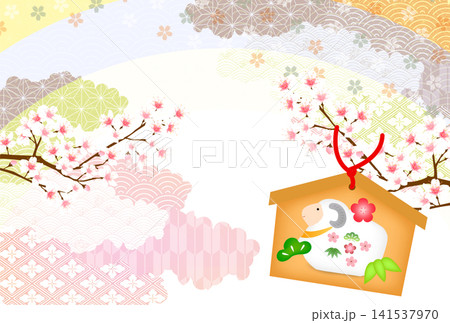 桜の花と絵馬が描かれた伝統的な和風デザインフレーム 141537970