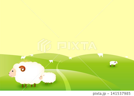 明るい緑の丘で草を食べているふわふわした動物の家族 明るい緑の丘で草を食べているふわふわした動物の家族 141537985