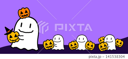 ハロウィンモチーフのかわいい手描き風フレーム、オバケたちの行進 ハロウィンモチーフのかわいい手描き風フレーム、オバケたちの行進 141538304
