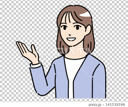 一幅彩色插圖,描繪了一位身著休閒職業裝的年輕女子麵帶微笑,熱情地指引方向。 一幅彩色插圖,描繪了一位身著休閒職業裝的年輕女子麵帶微笑,熱情地指引方向。 141538599