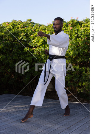 African american male executing karate punch wearing gi and belt on wooden deck with hedge African american male executing karate punch wearing gi and belt on wooden deck with hedge 141539867
