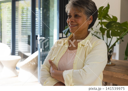 Senior woman standing inside modern home near glass sliding doors to sunlit patio and potted plant Senior woman standing inside modern home near glass sliding doors to sunlit patio and potted plant 141539975