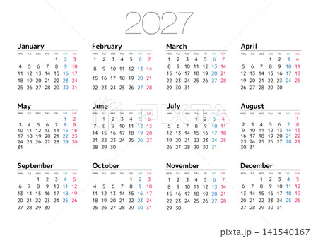 2027年の年間カレンダー月曜始まり 日本の祝日表記は無し (横位置) 141540167