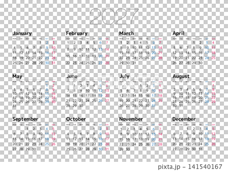 2027年の年間カレンダー月曜始まり 日本の祝日表記は無し (横位置) 141540167