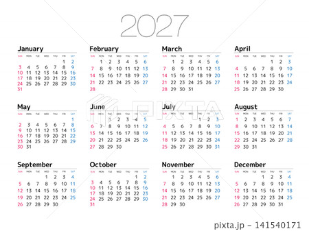 2027年の年間カレンダー日曜始まり 日本の祝日表記は無し (横位置) 141540171