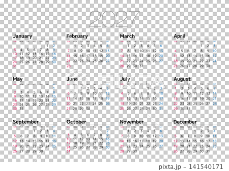 2027年の年間カレンダー日曜始まり 日本の祝日表記は無し (横位置) 141540171