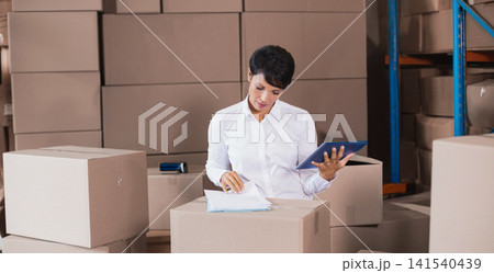 Mature woman standing amid boxes in storage holding pen, tablet and checking paperwork near racks Mature woman standing amid boxes in storage holding pen, tablet and checking paperwork near racks 141540439