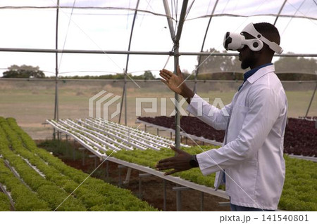 African american man in lab coat gesturing near trays with vr headset in greenhouse, copy space African american man in lab coat gesturing near trays with vr headset in greenhouse, copy space 141540801