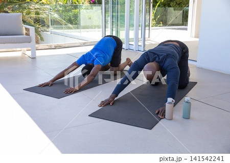 African american father, son stretching on yoga mats with bottles at patio near glass doors 141542241