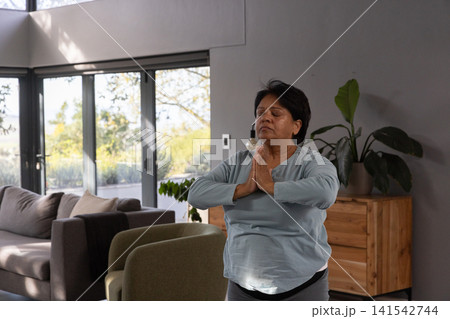 Senior indian woman meditating with pressed hands in living room with armchair, copy space Senior indian woman meditating with pressed hands in living room with armchair, copy space 141542744