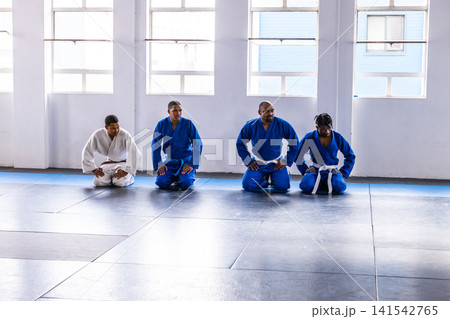 Diverse male training partners kneeling in seiza posture on dojo mats wearing gis, belts Diverse male training partners kneeling in seiza posture on dojo mats wearing gis, belts 141542765