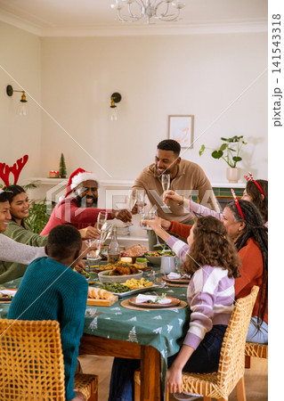 Diverse family and friends wearing santa hat raising glasses at table with roast chicken Diverse family and friends wearing santa hat raising glasses at table with roast chicken 141543318