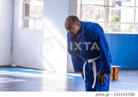 African american man bowing at dojo with blue gi, white belt near mats, copy space African american man bowing at dojo with blue gi, white belt near mats, copy space 141543790