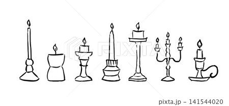 Hand drawn doodled candle set. Black rough sketched burning candles collection. Crayon scribbled candlestick and candelabra bundle for greeting card, birthday, easter decoration, Christmas. Vector Hand drawn doodled candle set. Black rough sketched burning candles collection. Crayon scribbled candlestick and candelabra bundle for greeting card, birthday, easter decoration, Christmas. Vector 141544020