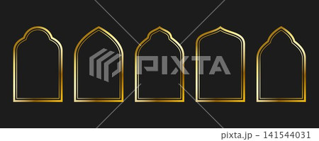 Thin gold metal arc frame set. Golden pointed arch border collection. Art deco shining curve cadre bundle. Vector glowing shiny boarder element pack for photo, poster, card. Door or window shapes Thin gold metal arc frame set. Golden pointed arch border collection. Art deco shining curve cadre bundle. Vector glowing shiny boarder element pack for photo, poster, card. Door or window shapes 141544031