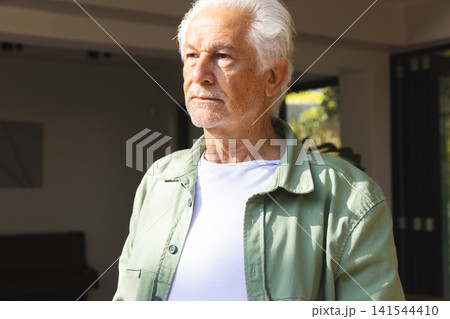 Senior man gazing thoughtfully near open doorway at home with sunlit greenery behind Senior man gazing thoughtfully near open doorway at home with sunlit greenery behind 141544410