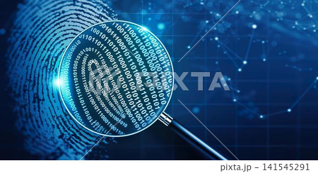 Magnifying glass with binary code on digital dark background Magnifying glass with binary code on digital dark background 141545291