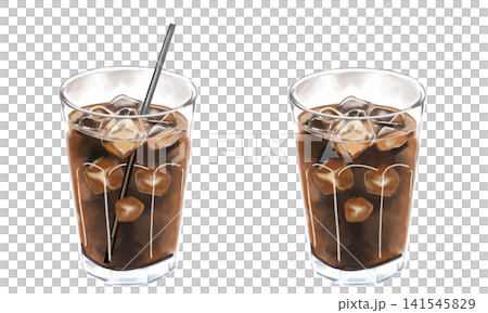 A watercolor set of iced coffee in a glass. A watercolor set of iced coffee in a glass. 141545829