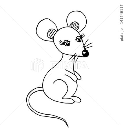 Hand-drawn vector illustration. Cartoon little mouse in black outline isolated on white background. For prints, children's coloring. Hand-drawn vector illustration. Cartoon little mouse in black outline isolated on white background. For prints, children's coloring. 141546117