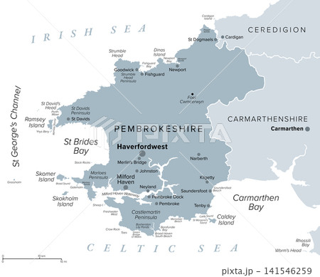 Pembrokeshire, county in south-west of Wales, United Kingdom, gray political map, with largest town and seat Haverfordwest. Most of the coast ist protected by Pembrokeshire Coast National Park. Vector 141546259