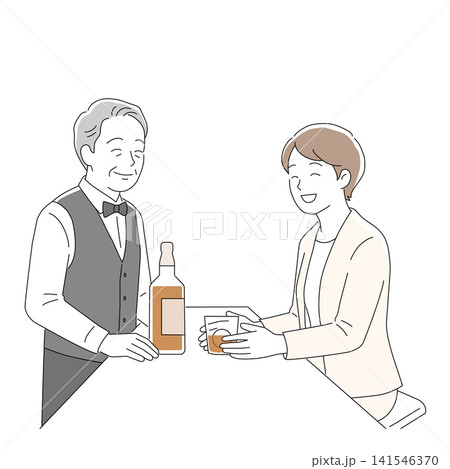 バーカウンターでくつろぐ若い女性 シンプル線画イラスト 141546370
